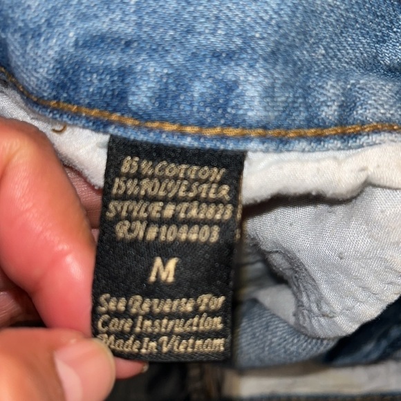 Mine Patched Crosses Cut Off Distressed Ripped Denim Shorts Womens SZ Medium - Picture 6 of 7